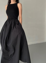 Elegant Round Neck Waist Slim Pleated Long Dress