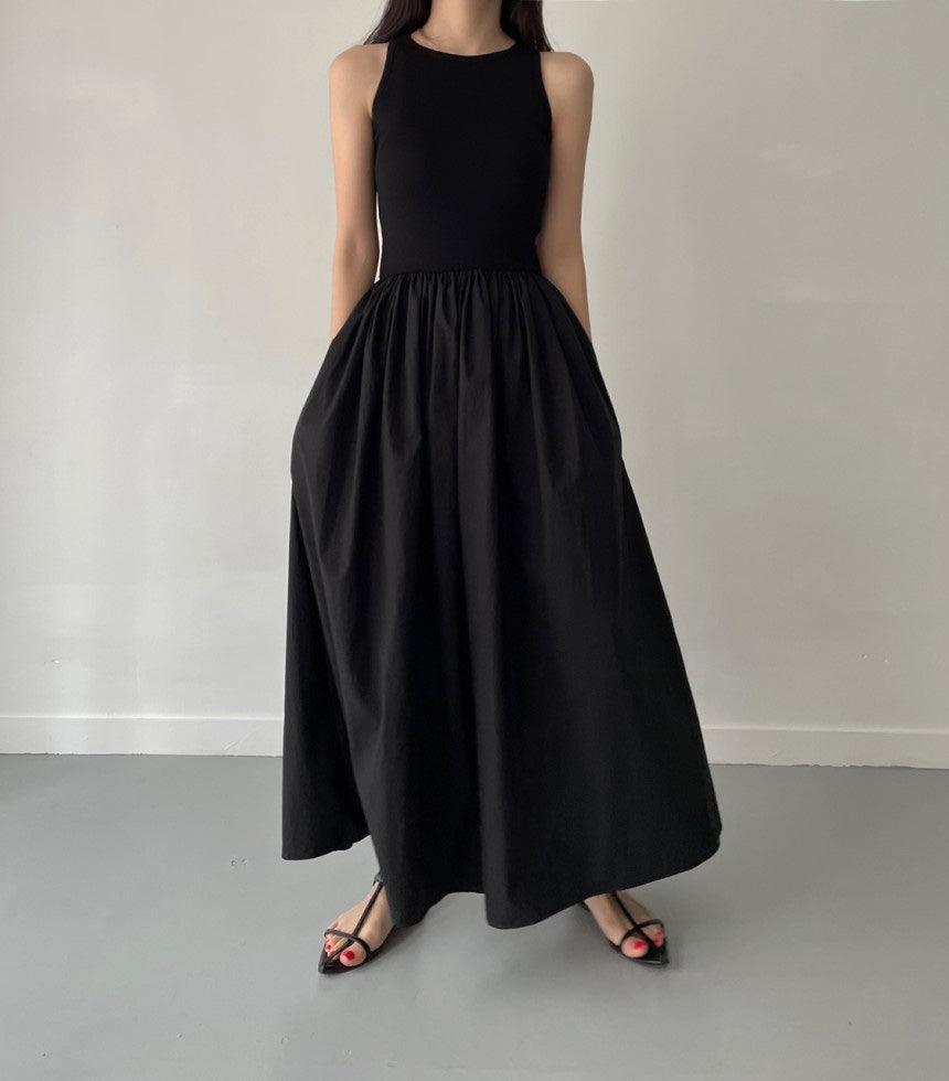 Elegant Round Neck Waist Slim Pleated Long Dress