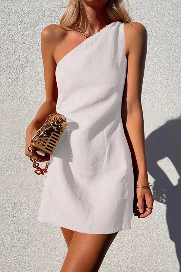 Hoobd Minimalism One Shoulder Linen Mini Dress