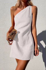 Hoobd Minimalism One Shoulder Linen Mini Dress