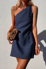 Hoobd Minimalism One Shoulder Linen Mini Dress