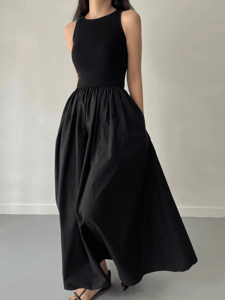 Elegant Round Neck Waist Slim Pleated Long Dress