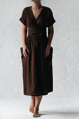 Pockets V Neck Kimono Dress