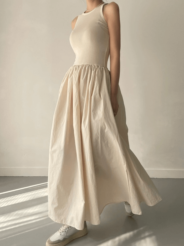 Elegant Round Neck Waist Slim Pleated Long Dress