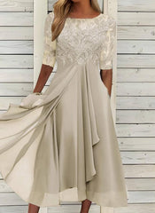 Round Neck Lace Swing Elegant Occasion Formal Midi Prom Dress