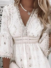Elegant Lace Mini Dress Women Three Quarter Sleeve Dress Female V Neck Patchwork Lace Up Dress Ladies Vacation Beach Dress
