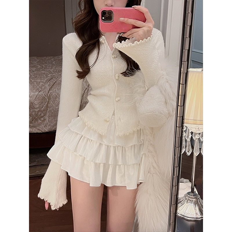 2023 Spring Red Knitted Cardigan Women Long Sleeve Slim Sweater Office Lady Outwear Y2k Crop Tops Female Korean Fashion Clothing