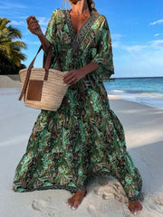 Hoobd Female Summer Floral Print Long Party Dress New Sexy V Neck Waist Folds Beach Dress 2023 Vintage Backless Loose Bohemia Dresses