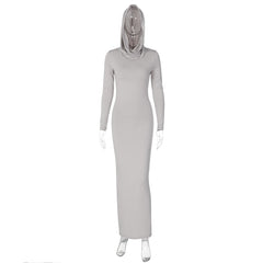 Hooded Long Sleeve Maxi Dresses For Women Tight Black Long Dress Plain Bodycon Autumn Winter Dress 2023