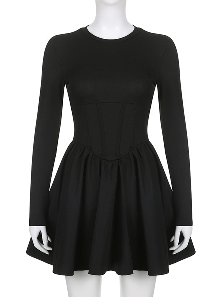 Korean Clothes Long Sleeve Corset Black Dress Female Solid Basic O Neck Fashion Autumn Dress Pleated Slim Elegant New