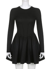 Korean Clothes Long Sleeve Corset Black Dress Female Solid Basic O Neck Fashion Autumn Dress Pleated Slim Elegant New