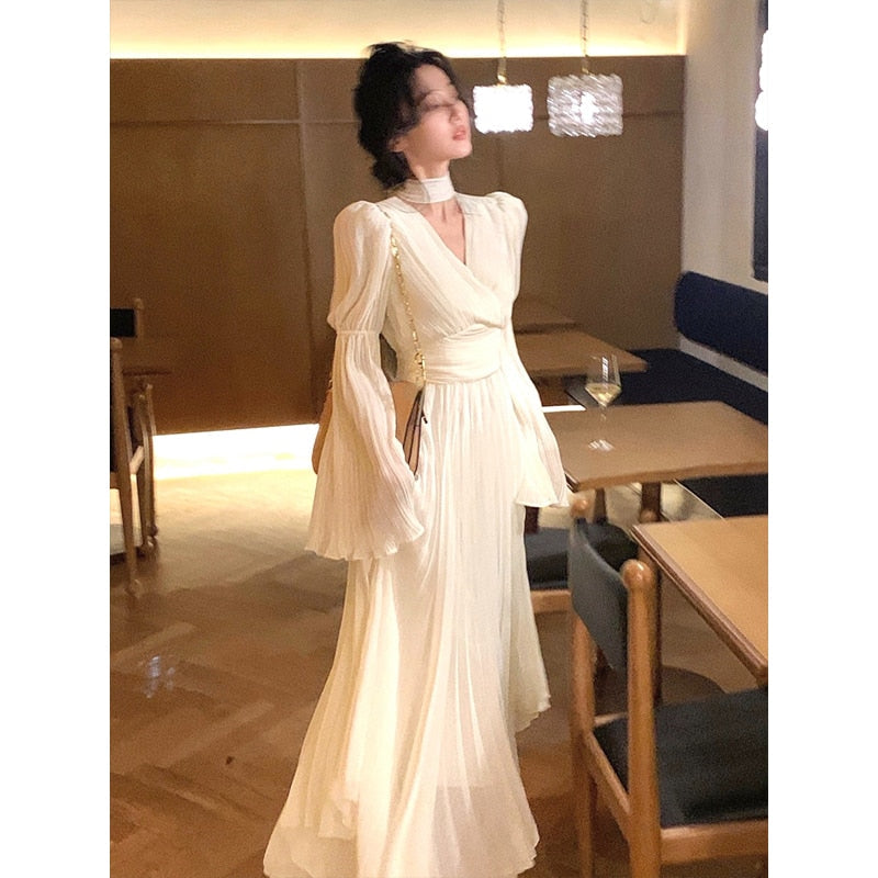 2023 Spring Elegant V-Neck Midi Dress Office Lady Long Sleeve Casual One Piece Dress Korean French Vintage Chiffon Dress Women