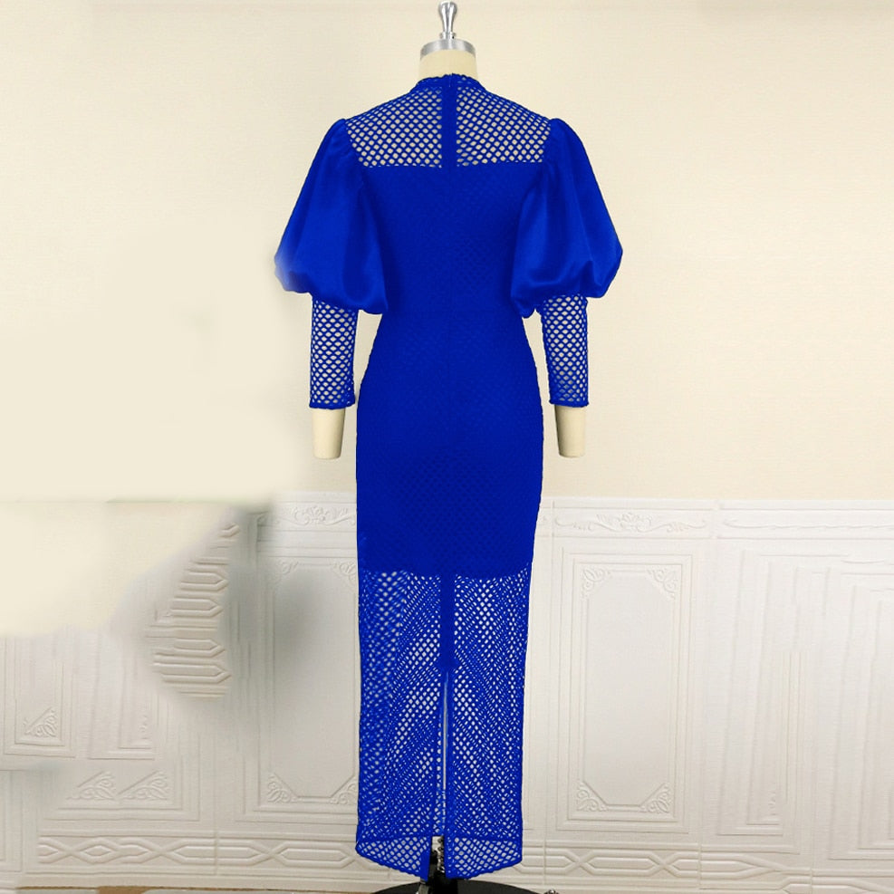 Hoobd Fall Party Dresses For Women Women Fashion New Dress Autumn Fall Blue Hollow Out Lantern Sleeve Bodycon High Waisted Ankle Length Luxury Wedding Birthday Hot
