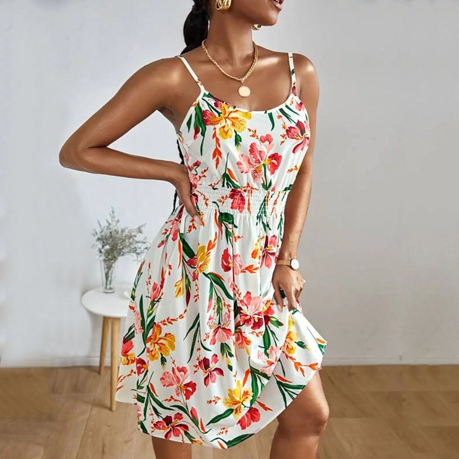 Hoobd Women Square Collar Summer Spaghetti Strap Dresses Casual Floral Print Sleeveless Short Dress Female Loose Beach Sundress