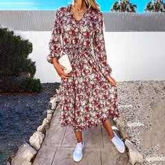 Floral Print Casual Beach V-Neck Elegant Long Sleeve Shirt Dresse