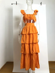 High Quality 2024 Summer Women Sexy Top and High Waist Ruffled Layer Skirts Holiday Vocation 2piece Sets