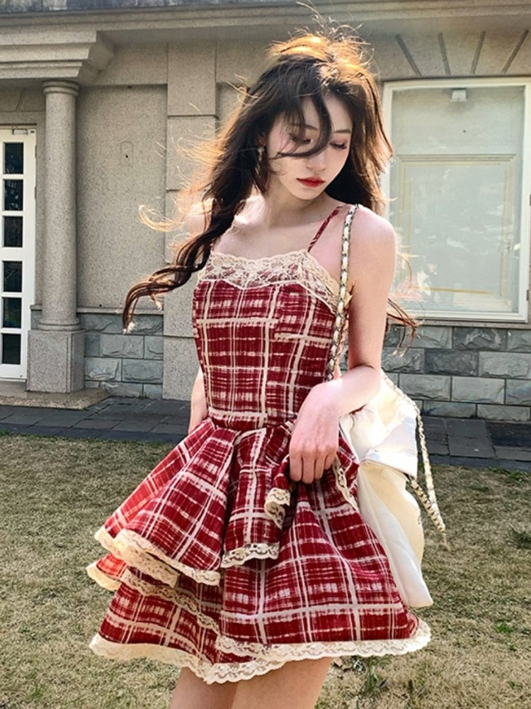 Kawaii Sweet French Princess Mini Dress Basic Sexy Red Plaid Strap Dress Y2k Bodycon Lace One Piece Dress Korean 2023 Summer