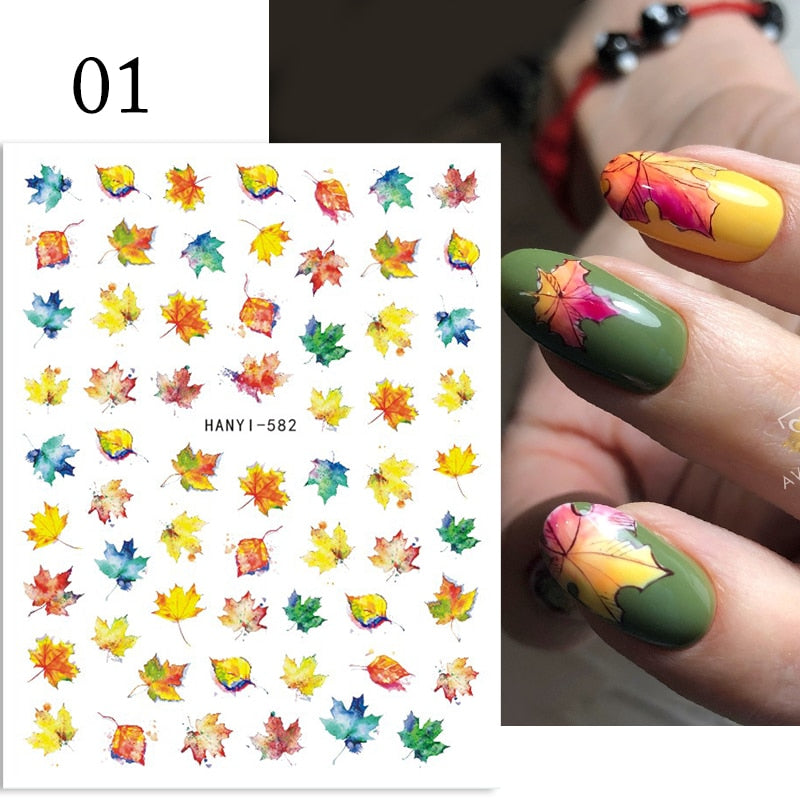 Hoobd1pcs Gold iridescent Maple Leaf 3D Nail Sticker Fall Autumn Pattern Adhesive Transfer Stickers Shiny DIY Nail Art Decoration