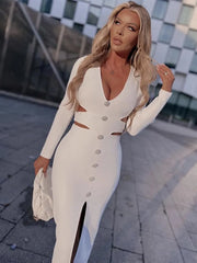 Women Winter Bandage Dress  Sexy V Neck Long Sleeve Cut Out White Diamonds Midi Elegant Evening Party Club Dress Vestidos