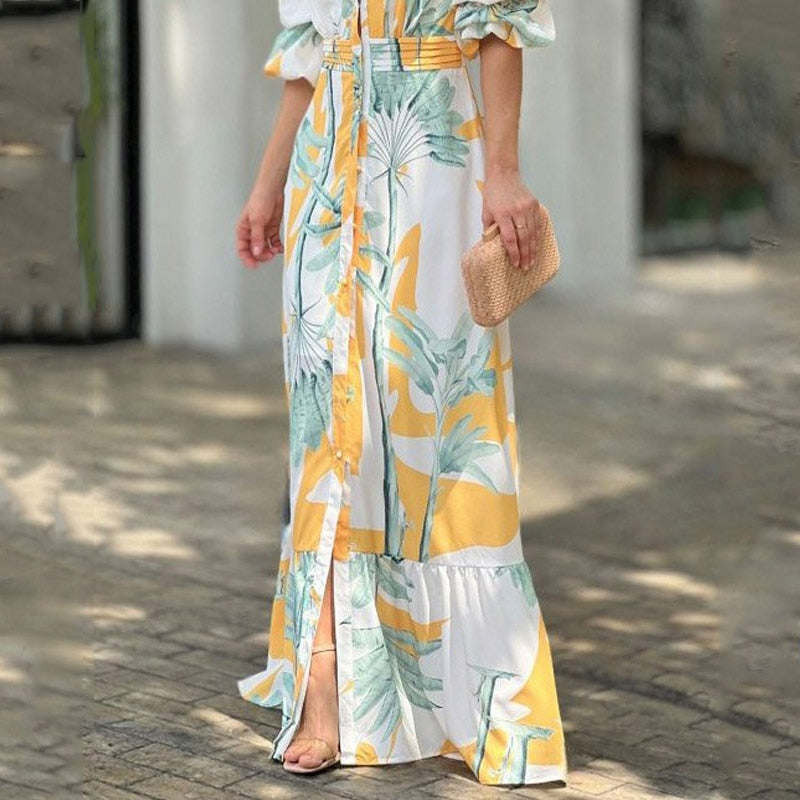 Hoobd Women Maxi Dress Summer Stylish Print Short Puff Sleeve V Neck Nipped Waist Slim Single Row Button Beach Party Dresses