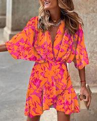 2023 Summer Irregular Mini Dress For Women Fashion Print Casual Bohemia Vacation Sundress Women's Bat Sleeve Ruffles Dresses