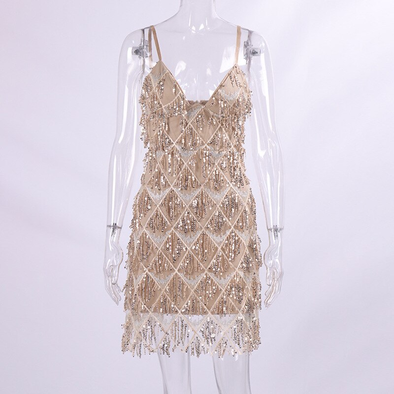 Hoobd2023 Elegant Luxury Women's Sequin Tassel Evening Dresses Sexy V-neck Spaghetti Strap Backless Short Birthday Party Slip Dress