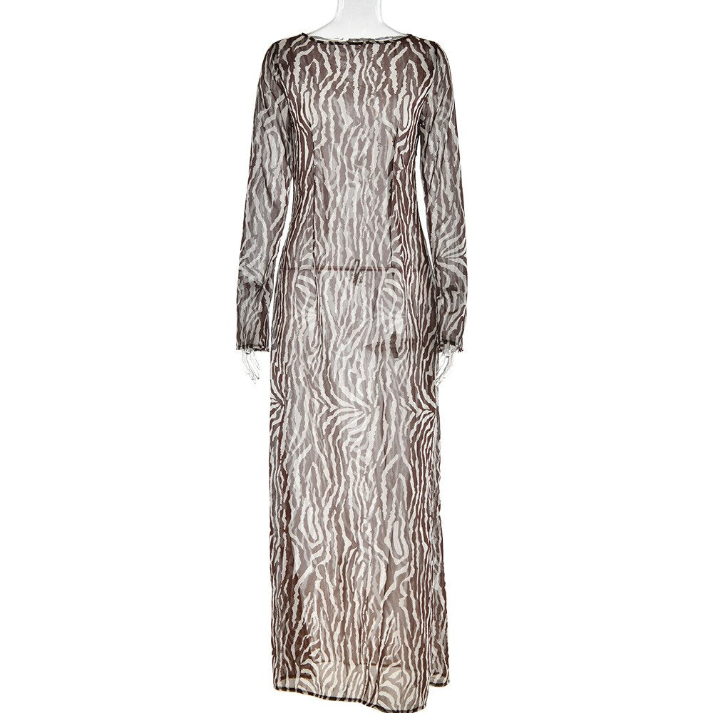Hoobd2023 Autumn Elegant Zebra Print Maxi Dress For Women Sexy See Through Long Sleeve Bodycon Club Party Dress Spring Casual Dress
