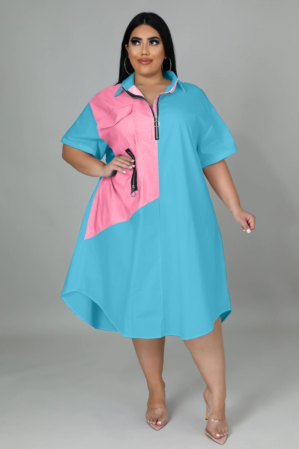 Plus Size Women Patchwork Zipper Turn-down Neck Loose A-line Shirt Style Dress Elegant 2022 Summer Fashion Dresses