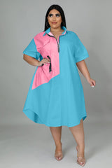 Plus Size Women Patchwork Zipper Turn-down Neck Loose A-line Shirt Style Dress Elegant 2022 Summer Fashion Dresses