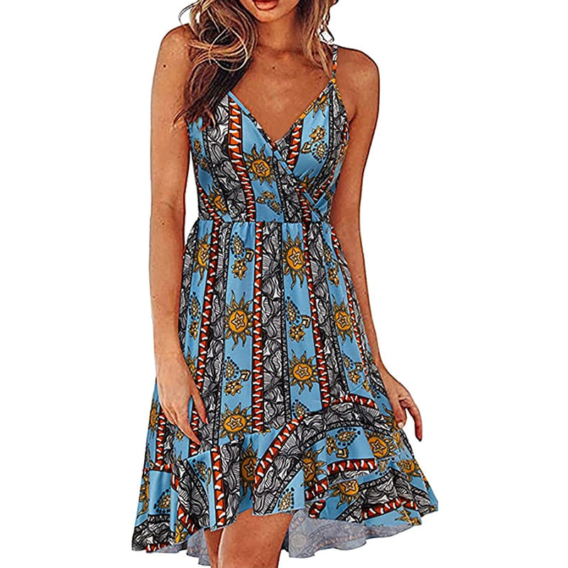 Hoobd S-2XL 17Colors Print Ruffles Sleeveless Fit Flare Dress Casual V-Neck Women Beach Party Entertainment Daily Suspender Wear