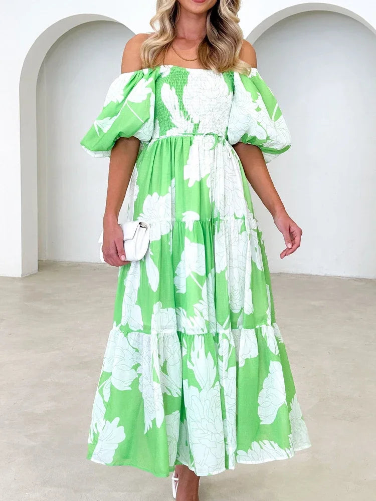 Women Dress Vintage Print Off Shoulder Puff Sleeve Elastic Waist Party Beach Style Sexy Dresses Spring Summer 2024