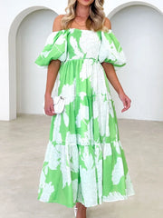 Women Dress Vintage Print Off Shoulder Puff Sleeve Elastic Waist Party Beach Style Sexy Dresses Spring Summer 2024