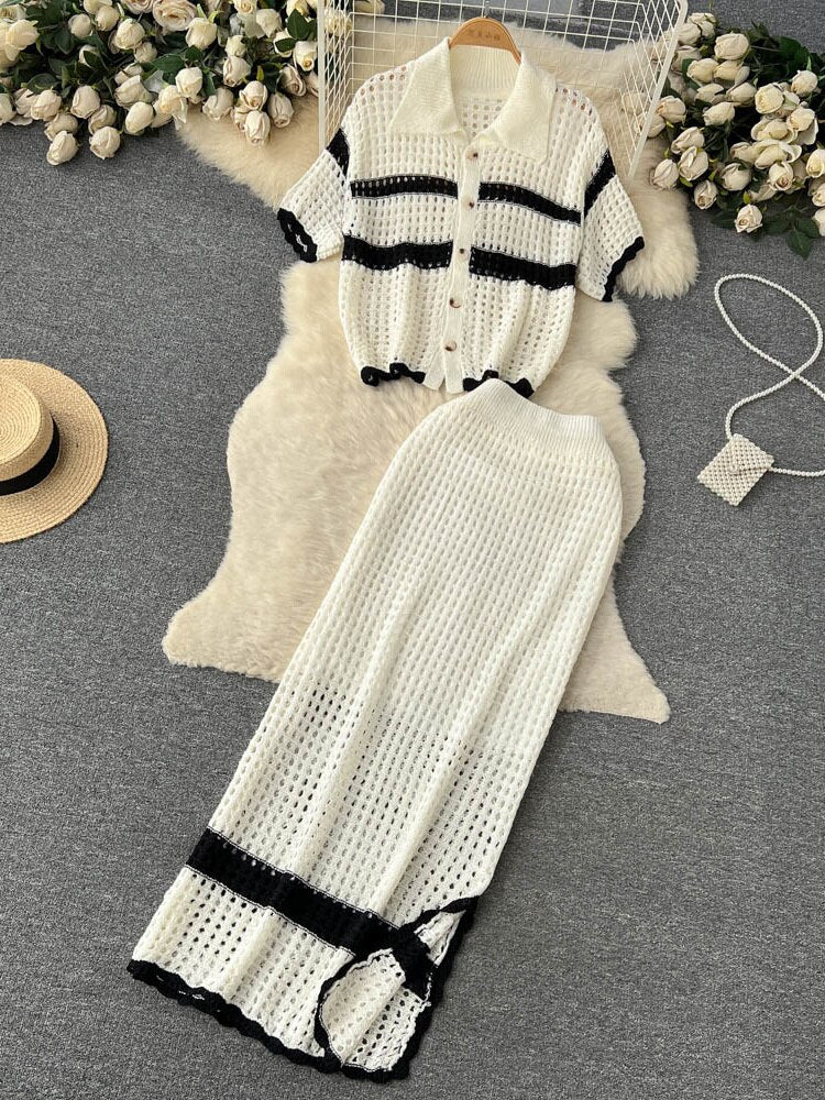 Korean Spring Summer Vacation Style Knitted Twi Piece Set Women Chic Hollow out Sweater Cardigan +Long Maxi Skirt Sets