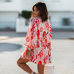Casual 3/4 Sleeve Tunics Mini Dress Women Summer 2023 Fashion Floral Print O Neck Green Boho Streetwear Dresses Elegant Vestido