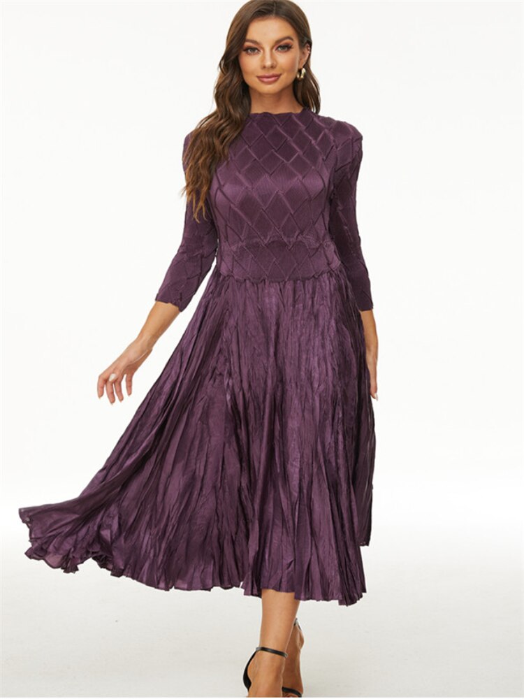 Miyake pleated dress women's spring new fashion O-neck three-quarter sleeve elegant temperament large swing women's dress