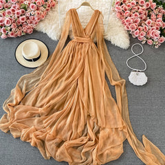 Autumn Khaki/White Bandage Chiffon Long Dress Sexy Deep V-Neck Sleeveless High Waist Vestidos Vacation Beach Maxi Robe 2023 New