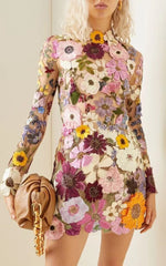 Fashion Flower Embroidery Mini Dress Women Elegant Long Sleeve Applique Vestidos Spring Chic Female High-quality Party Dresses
