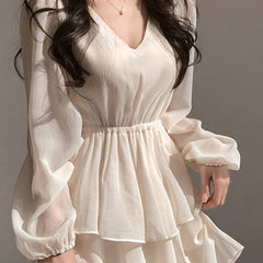 Hoobd Dresses Women Office Lady Lantern Sleeve V-Neck  Pullover Dress Femme Autumn New High Waisted Vestidso Female