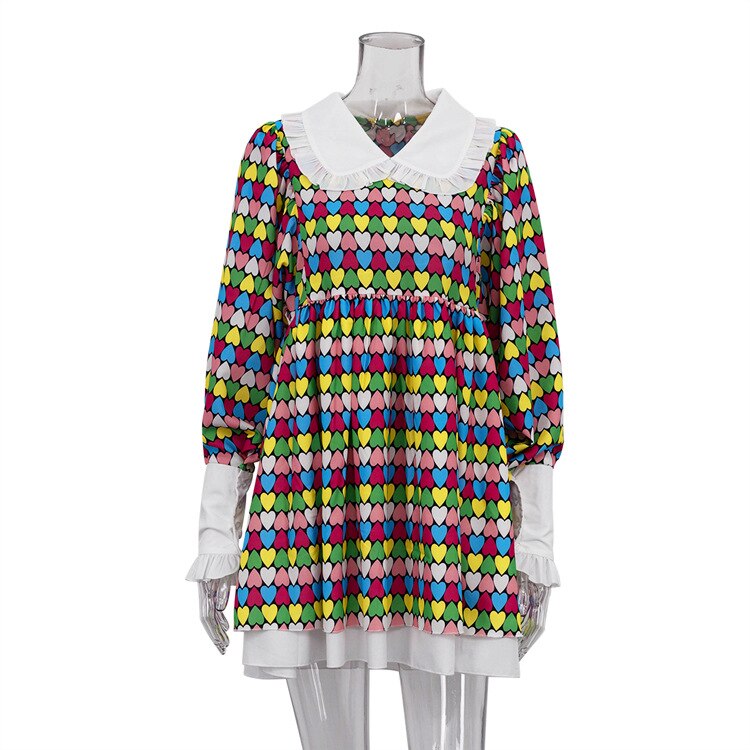 Fashion Sweet Girls Long Sleeve High Waist Printed Short Dress Y2K Streetwear Women's 2023 Spring Loose A-line Beach Dresses
