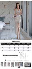 Hoobd Fashion Korean Elegant Women Dress Chic Temperament Formal Sexy Strap Folds Slim Slit Maxi Party Club Prom Robe Mujer Vestidos