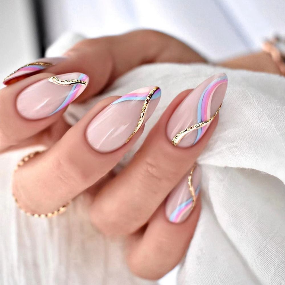 24Pcs Oval Head False Nails Shiny Golden Almond Artificial Fake Nails With Glue Full Cover Nail Tips Press On Nails DIY Manicure