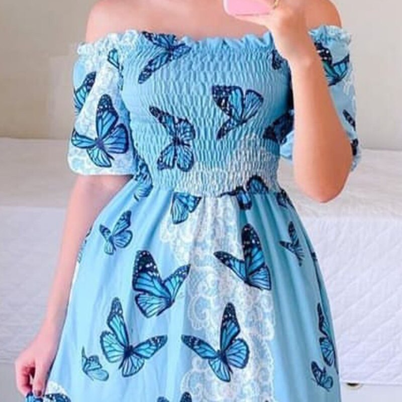 Hoobd Sexy Off The Shoulder Tube Top Dress Butterfly Rainbow Floral Print Dress Ladies Elegant Slim Summer Bohemian Party Maxi Dresses