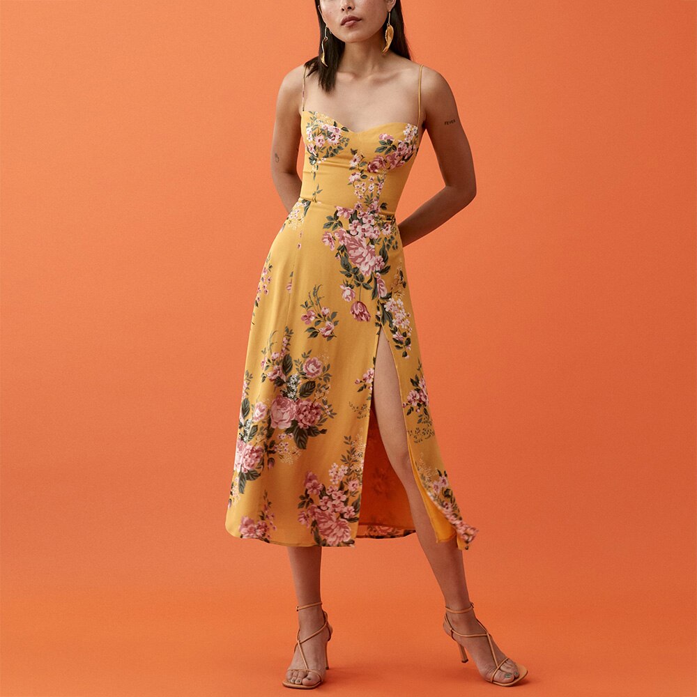 Hoobd Summer Dresses For Women Elegant Vintage Floral Print Dress Sweetheart Neck Spaghetti Strap Midi Dress With Slit Sundress