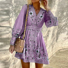Autumn Summer Women Retro Print Bohemian Dress Lantern Sleeve V-neck High Waist Button Cardigan Slim Lady Party Dresses Vestidos