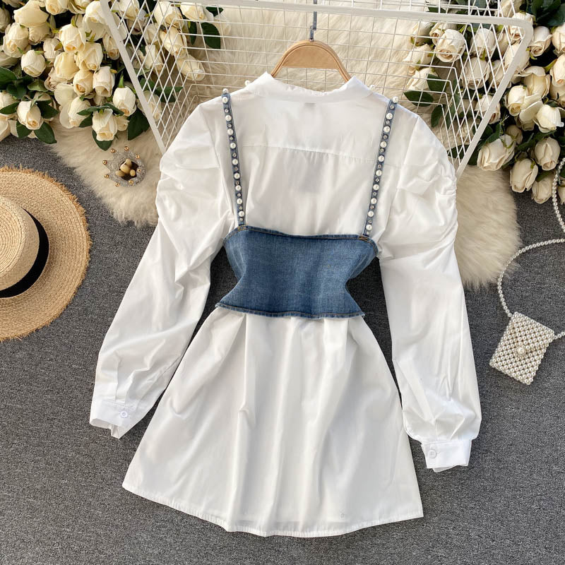 2023 New High-End White Shirt Dress Female Lapel Diamond Pearl Luxury Shirt Short Denim Vest Chic Two Piece Sets Female Fashion