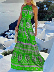 Hoobd Fashion Summer Maxi Dress Women's Printed Sundress Slim Floral Halter Straps Casual Short Sleeve Female High Waist Robe