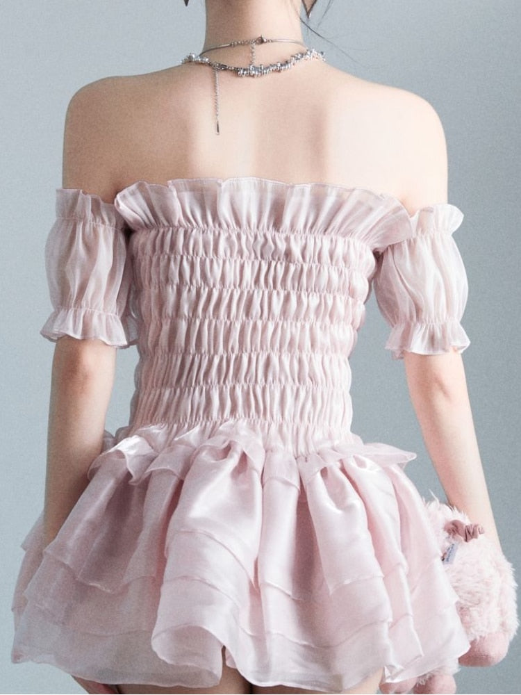 Hoobd Summer Lace Sweet Dress Women Designer Ruffle Flounce Cute Mini Dress Female Korean Fashion Elastic Skinny Sexy Party Dress 2023