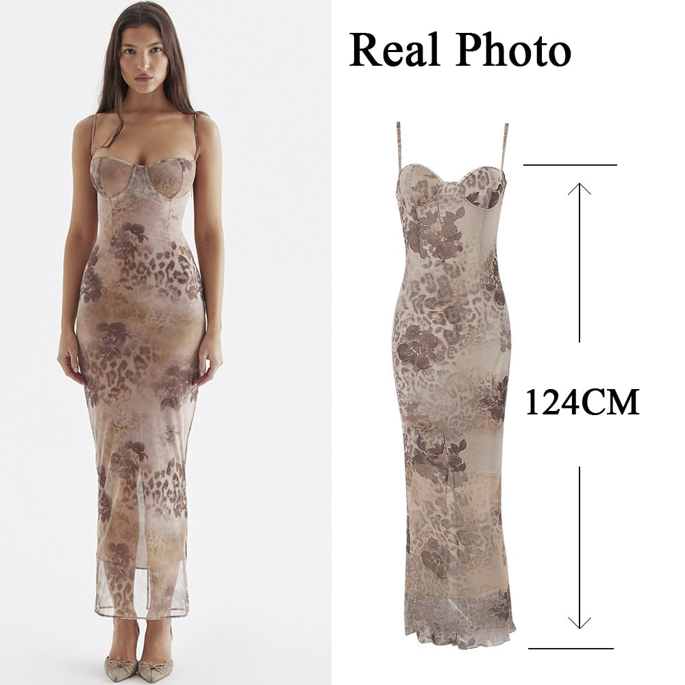 Hoobd Floral Print Maxi Prom Dress Sexy Mesh Celebrity Evening Party Dresses Bodycon Spaghetti Strap Summer Women Dresses