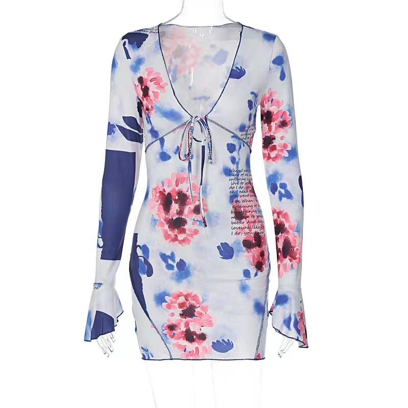 Floral Print Women's Sexy Deep V Neck Lace-up Long-sleeve Ruffle Buttock Mini Dress Summer Party Night Club Dresses