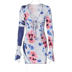 Floral Print Women's Sexy Deep V Neck Lace-up Long-sleeve Ruffle Buttock Mini Dress Summer Party Night Club Dresses